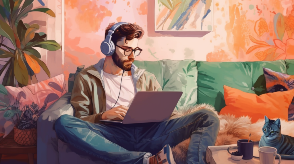 man listening to podcasts on his couch
