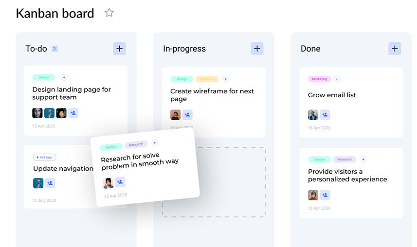 Kanban dashboard with statuses and cards.